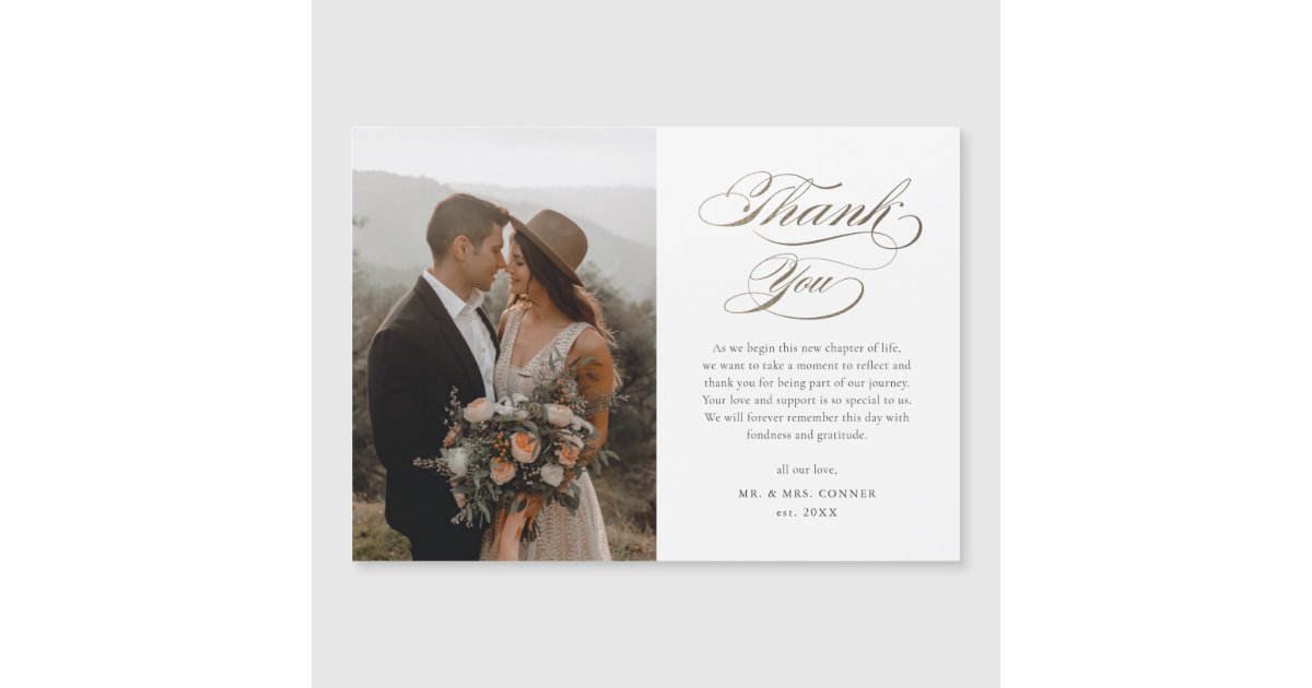 Elegant Gold Script Photo Wedding Thank You Card | Zazzle