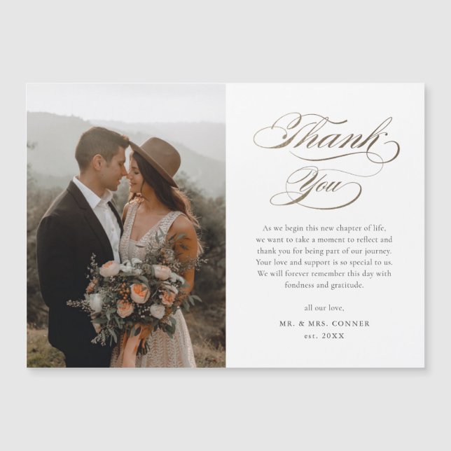Elegant Gold Script Photo Wedding Thank You Card (Front)