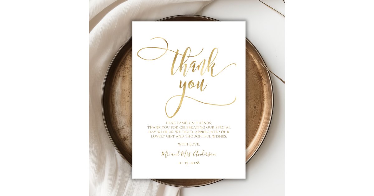 Elegant Gold Script Photo Wedding Thank You Card | Zazzle