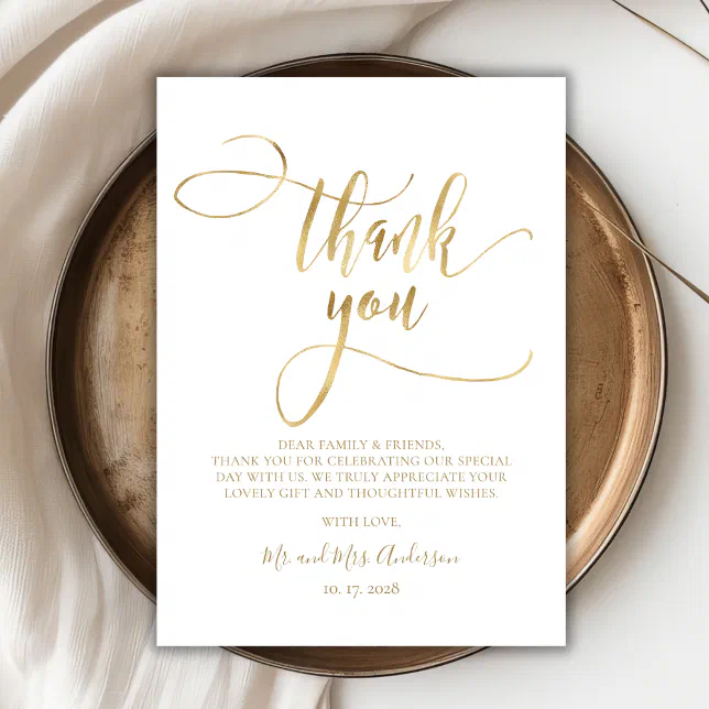 Elegant Gold Script Photo Wedding Thank You Card | Zazzle