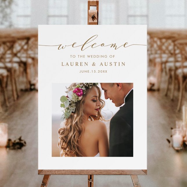 Elegant Gold Script Photo Wedding Welcome Foam Board (Creator Uploaded)