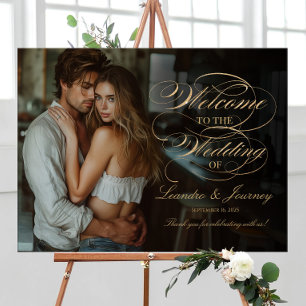 Elegant gold script photo wedding welcome foam board