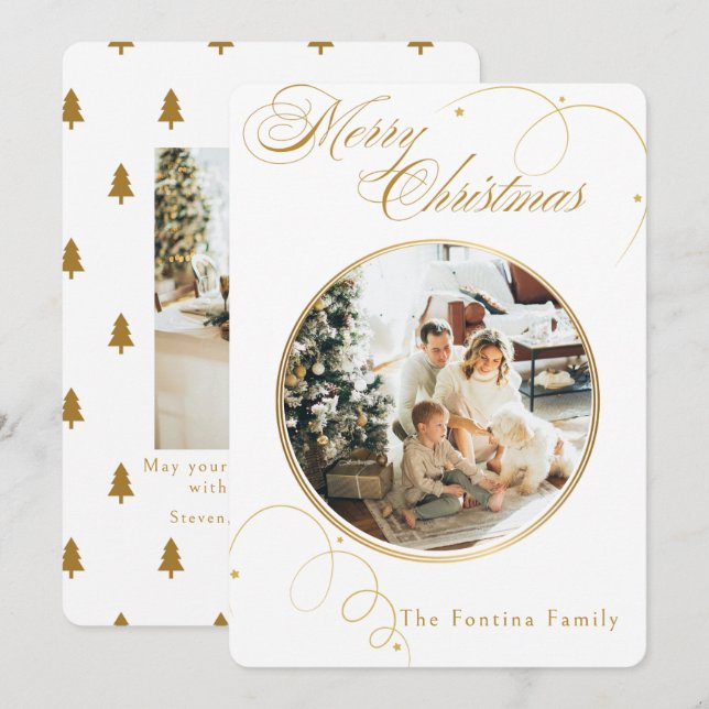 Elegant Gold Script Pine Tree Christmas Photo Holiday Card (Front/Back)