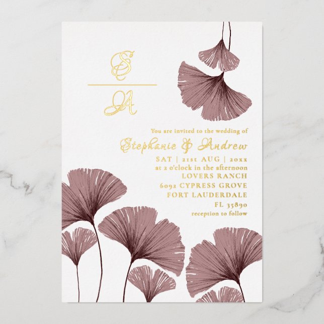Elegant Gold Script Pink Leaf Wedding Invitation Foil Invitation (Front)