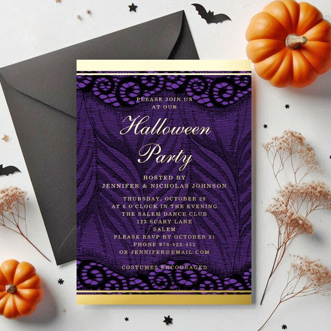 Elegant Gold Script Purple Lace Halloween Foil Invitation (Elegant Gold Script Purple Lace Halloween Foil Invitation)