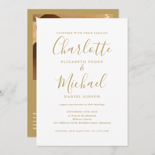 Elegant Gold Script QR Code Photo Wedding Invitation