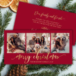 Elegant Gold Script Red 3 Photo Collage Christmas Holiday Card<br><div class="desc">Modern Elegant Red and Gold Script 3-Photo Collage Merry Christmas Holiday Card. Share the warmth of the season with this modern and elegant holiday card, featuring a beautifully arranged three-photo collage on the front. The design is highlighted by a whimsical, hand-lettered Merry Christmas greeting in a faux gold brush-script calligraphy...</div>