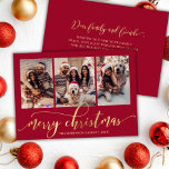 Elegant Gold Script Red 3 Photo Collage Christmas Holiday Card<br><div class="desc">Modern Elegant Script Red and Gold 3 Photo Collage Merry Christmas Holiday Card. This festive holiday card features a stylish whimsical ‘Merry Christmas’ greeting in elegant hand-lettered calligraphy on red background. The text is displayed in a faux gold brush script with swashes, beautifully set against a rich red background. The...</div>