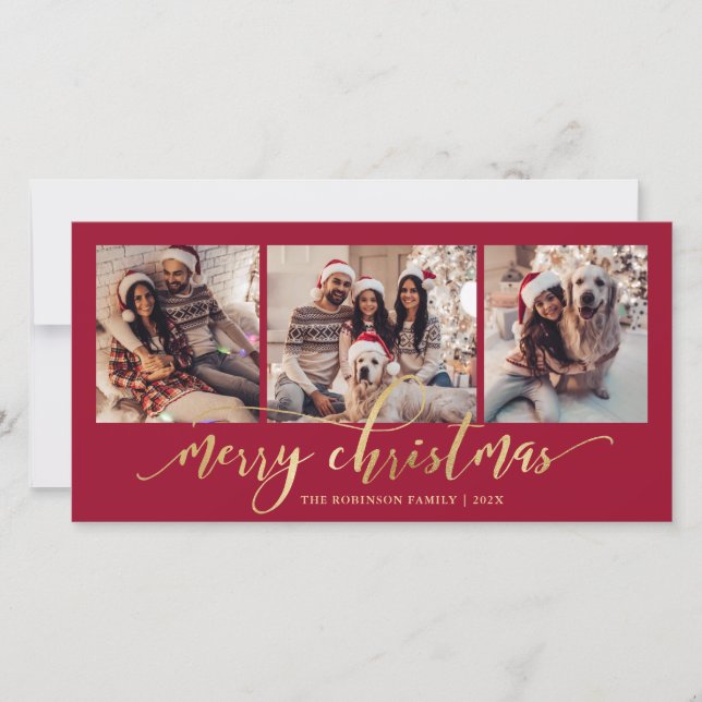 Elegant Gold Script Red 3 Photo Collage Christmas Holiday Card (Front)