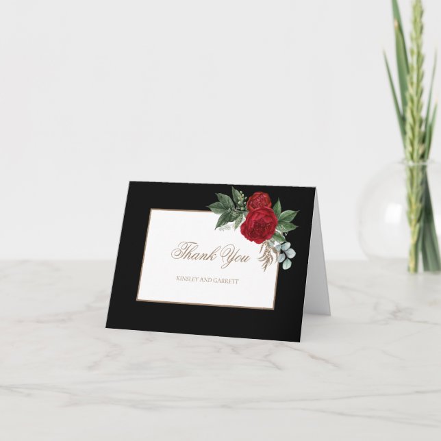 Elegant Gold Script Red Floral  Thank You Card (Front)