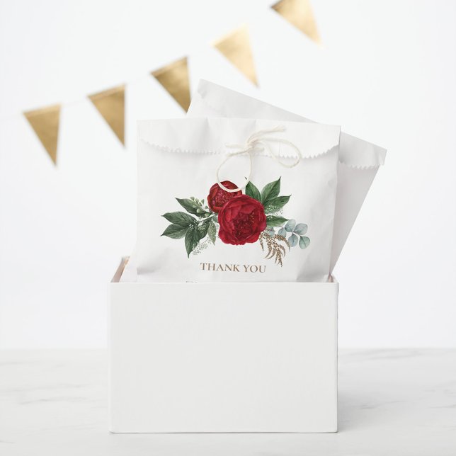 Elegant Gold Script Red Floral Thank You Favor Bag (Creator Uploaded)