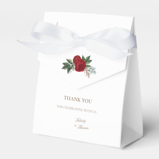Elegant Gold Script Red Floral Thank You Favor Boxes (Front Side)
