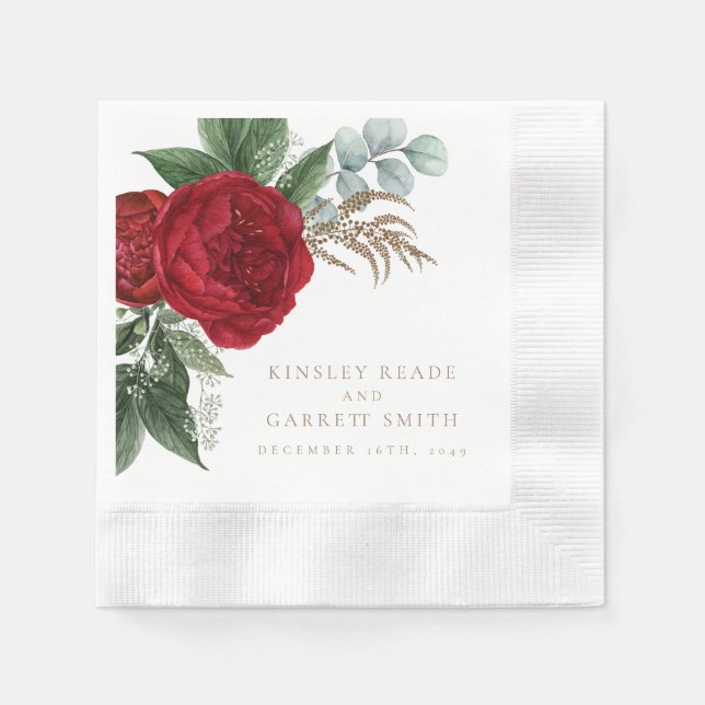 Elegant Gold Script Red Floral Wedding Napkins (Front)