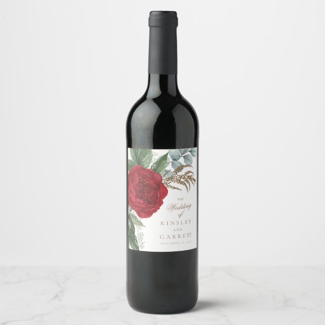 Elegant Gold Script Red Floral Wedding Wine Label (Front)