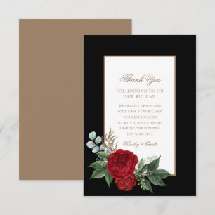 Elegant Gold Script Red Peonies Black & White Thank You Card