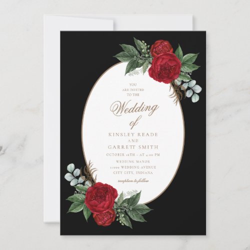 Elegant Gold Script Red Peonies Wedding Invitation
