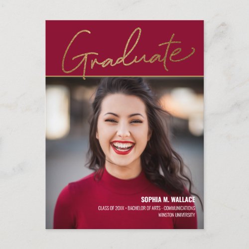 Elegant Gold Script Red Photo University Graduate Announcement Postcard