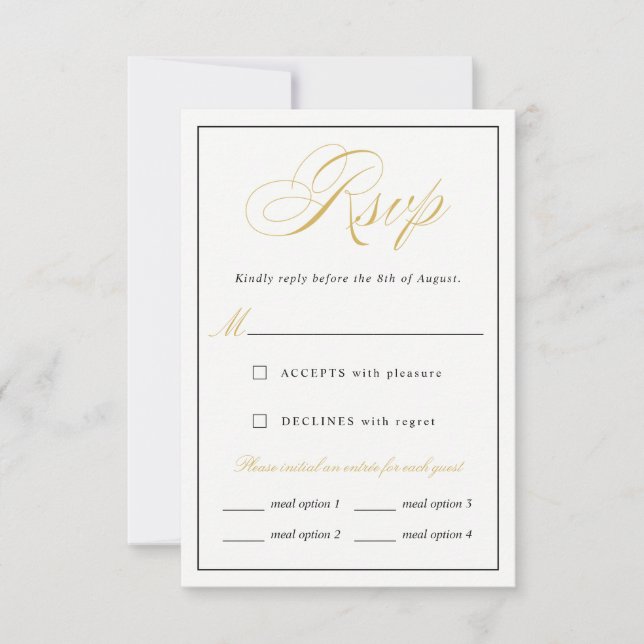Elegant Gold Script RSVP  meal options vertical Card (Front)
