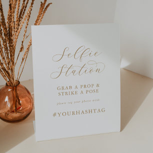 Elegant Gold Script Selfie Station Wedding Hashtag Pedestal Sign