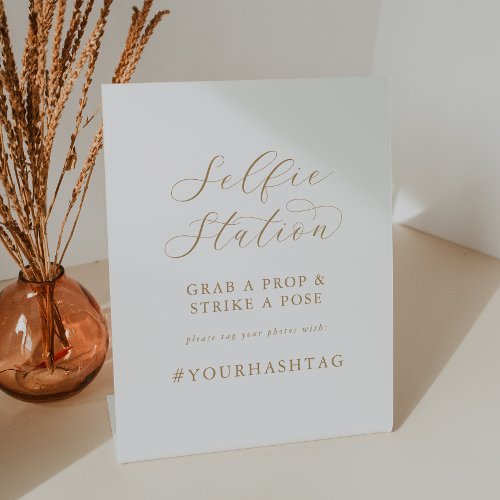 Elegant Gold Script Selfie Station Wedding Hashtag Pedestal Sign