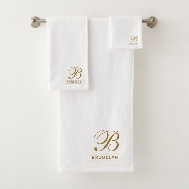 Elegant Gold Script Serif Monogram White Bath Towel Set (Insitu)
