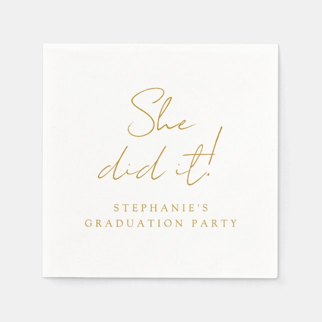 Elegant Gold Script She Did It Modern Graduation  Napkins (Front)