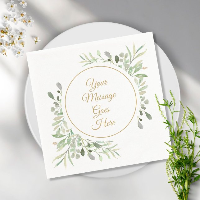 Elegant Gold Script Soft Watercolor Greenery Napkins (Creator Uploaded)