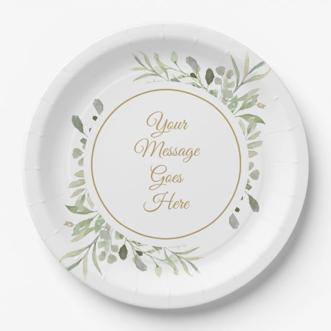 Elegant Gold Script Soft Watercolor Greenery Paper Plates (Front)