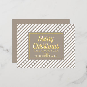 Elegant Gold Script Taupe Stripes Merry Christmas Foil Holiday Postcard
