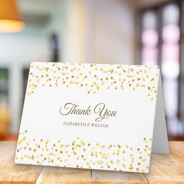 Elegant Gold Script Thank You Hearts Confetti Card | Zazzle