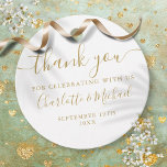 Elegant Gold Script Thank You Wedding Favor Tags<br><div class="desc">Featuring signature style names,  this elegant gold and white tag can be personalised with your special thank you information in chic gold lettering. Designed by Thisisnotme©</div>