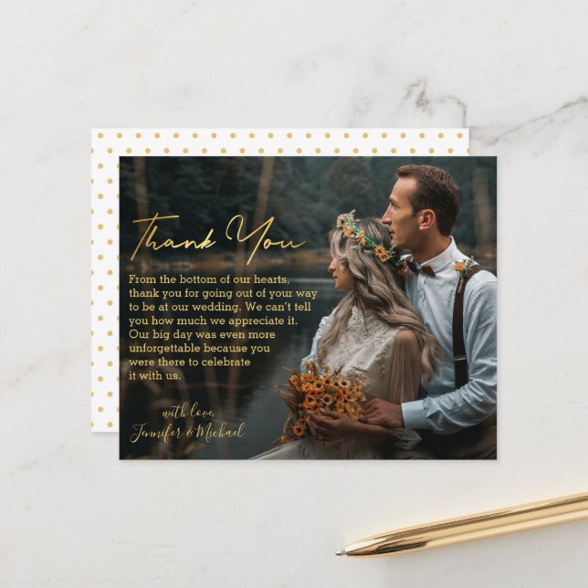 elegant gold script thank you wedding photo card (Front/Back In Situ)