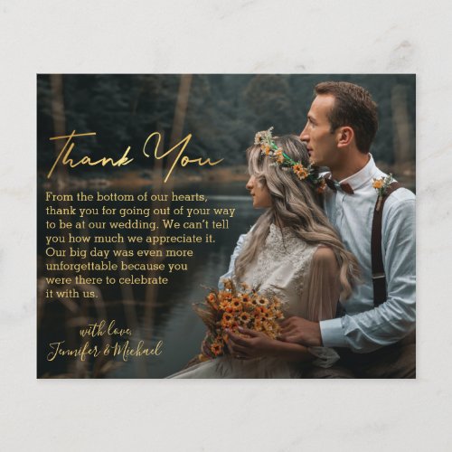 elegant gold script thank you wedding photo card