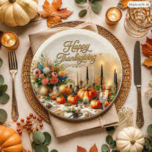 Elegant Gold Script Thanksgiving Harvest Paper Plates