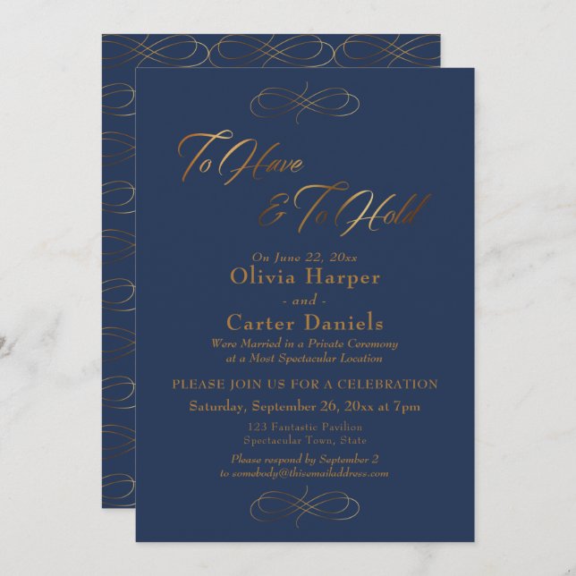 Elegant Gold Script To Have & To Hold over Navy Invitation (Front/Back)