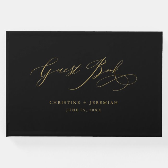 Elegant Gold Script Typography Black Wedding Guest Book (Front)