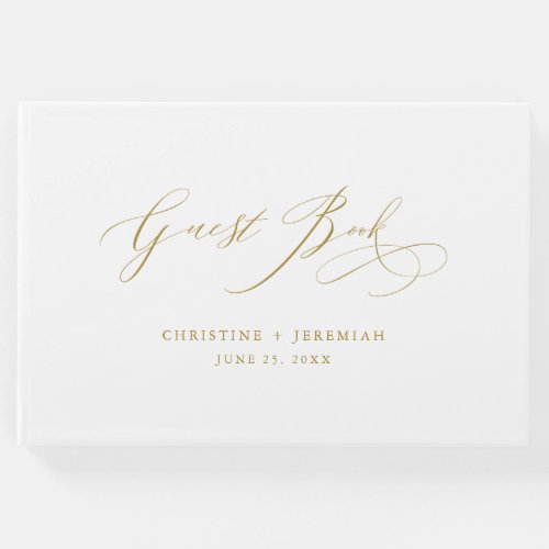 Elegant Gold Script Typography White Wedding Guest Book