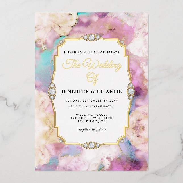 Elegant Gold Script Watercolor Marble Modern Real Foil Invitation (Front)