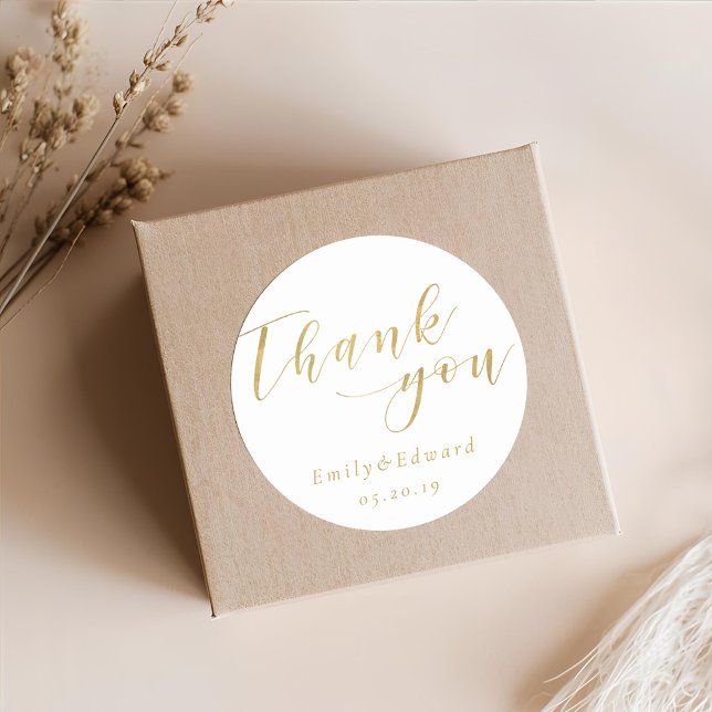 Elegant Gold Script Wedding Favor Thank You Classic Round Sticker (Creator Uploaded)