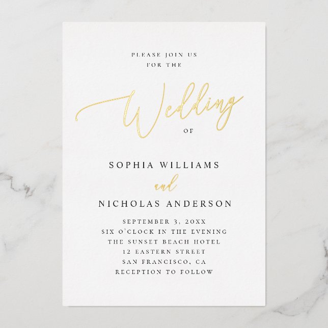 Elegant Gold Script Wedding | Minimalist Classic Foil Invitation (Front)