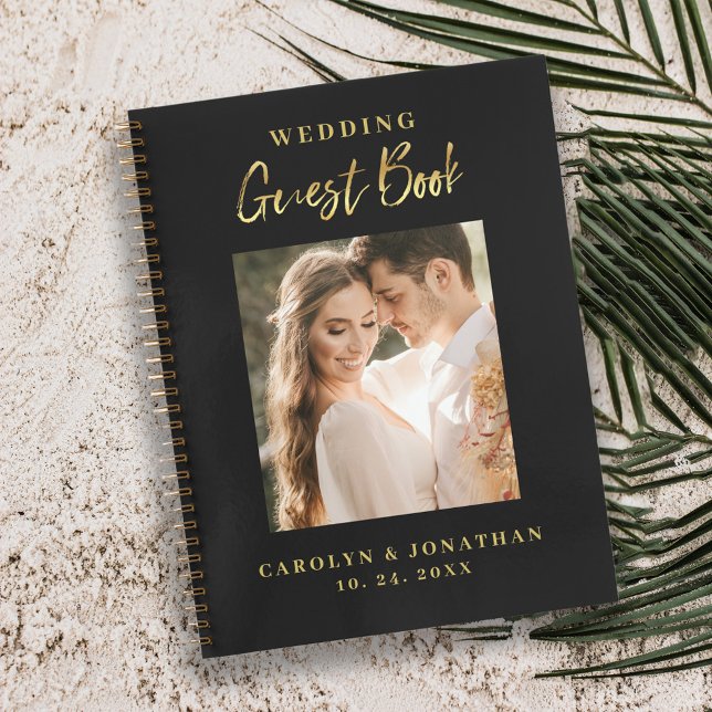 Elegant Gold Script Wedding Photo Guestbook  Notebook (Creator Uploaded)