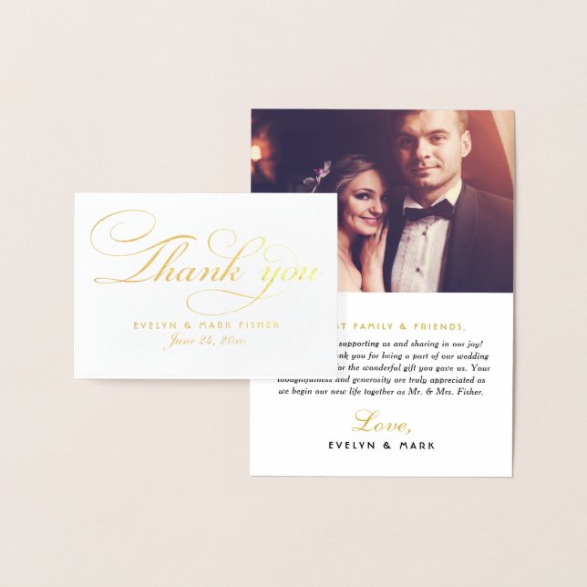 Elegant Gold Script Wedding Photo Thank You Foil Card (Display)