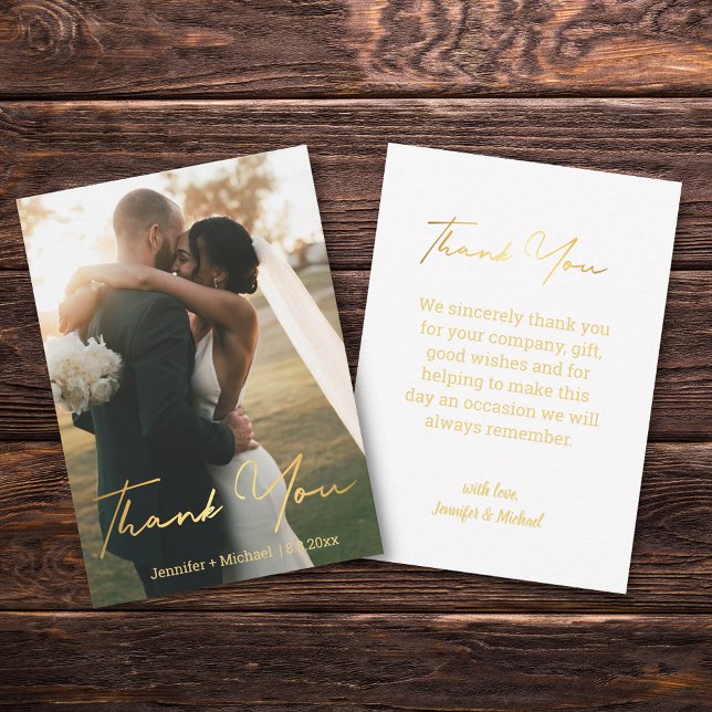 elegant gold script wedding  photo thank you  note card (Creator Uploaded)