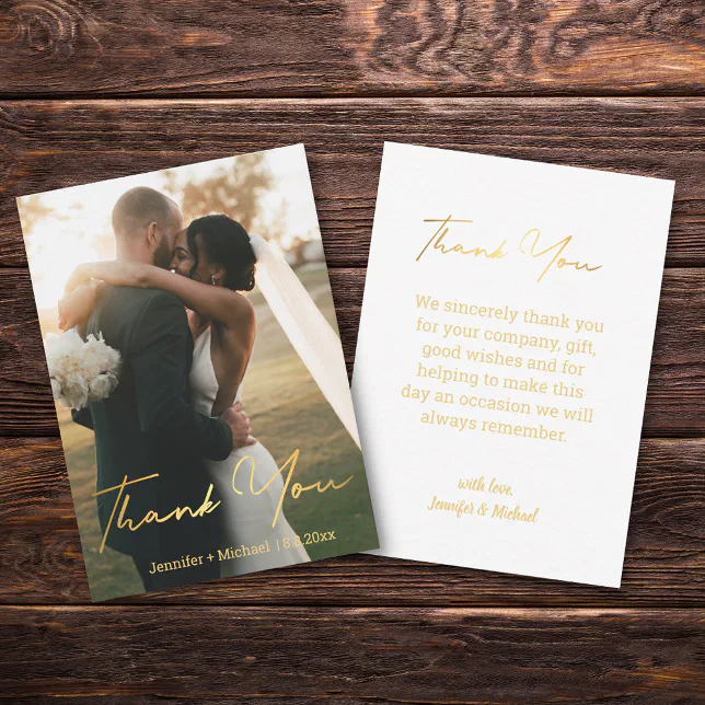 elegant gold script wedding photo thank you note card | Zazzle