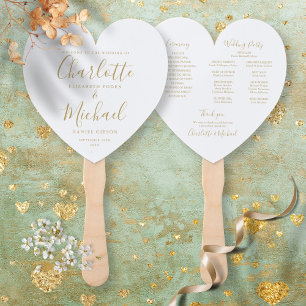 Elegant Gold Script Wedding Program Heart Hand Fan