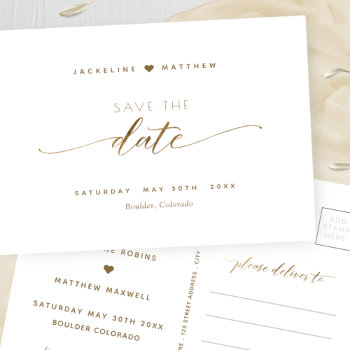 Elegant Gold Script  Wedding Save The Date P Postcard by One2InspireDesigns at Zazzle