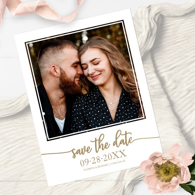 Elegant Gold Script Wedding Save The Date Photo Postcard (Creator Uploaded)