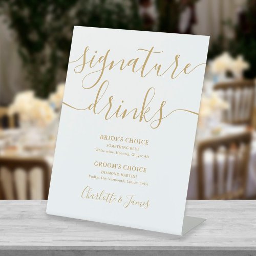 Elegant Gold Script Wedding Signature Drinks Pedestal Sign