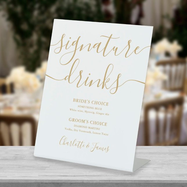 Elegant Gold Script Wedding Signature Drinks Pedestal Sign (Creator Uploaded)