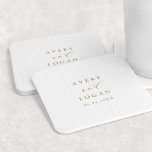 Elegant Gold Script Wedding Square Paper Coaster<br><div class="desc">This elegant gold script wedding favor square paper coaster is perfect for a simple wedding. The minimalist gold and white design features fancy romantic typography with modern glam style. Customizable in any color. Keep the design minimal and classy, as is, or personalize it by adding your own graphics and artwork....</div>